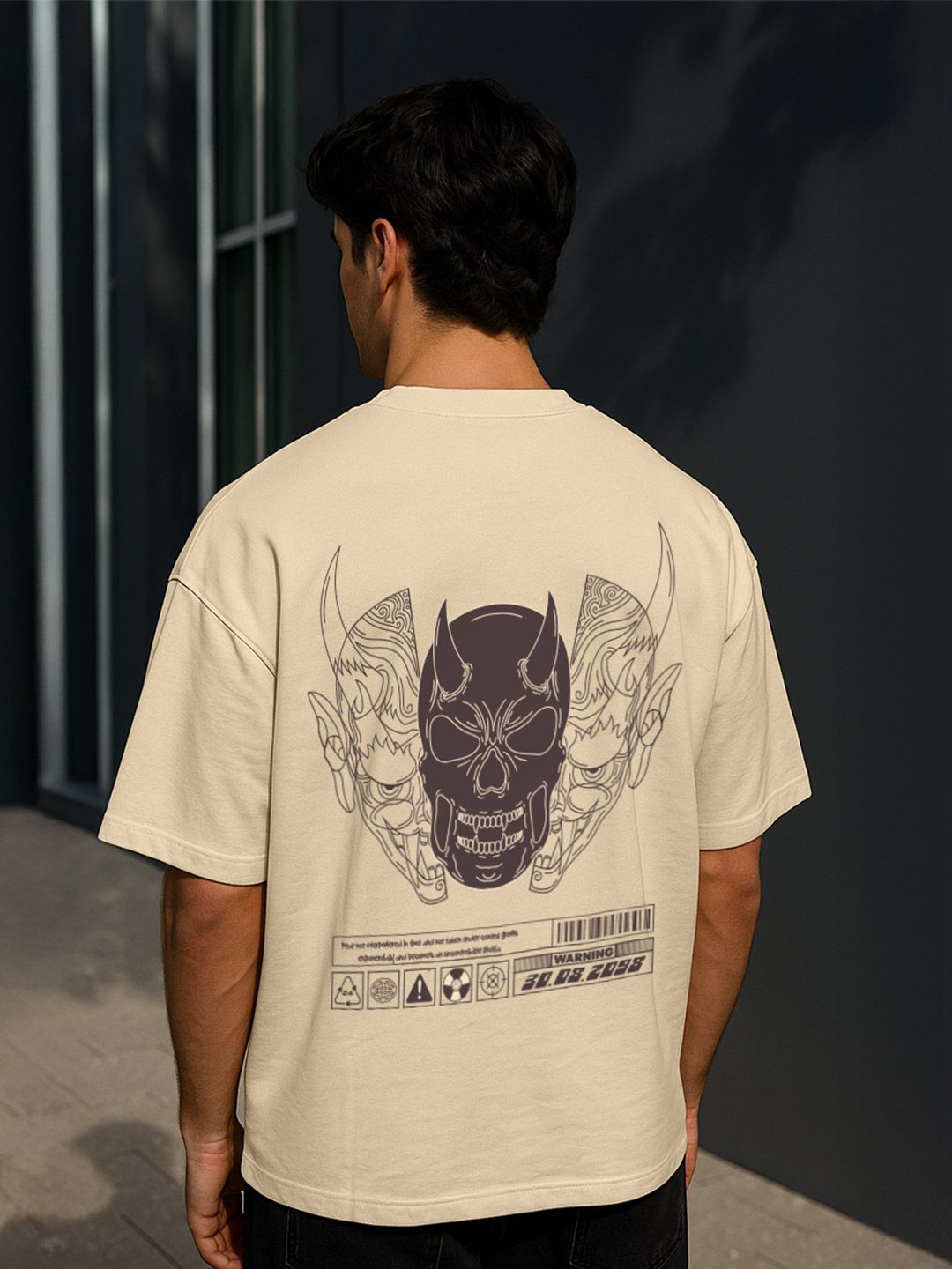 VEIRDO Men Cream Graphic Printed Round Neck Relaxed Fit Pure Cotton Oversized T-Shirt