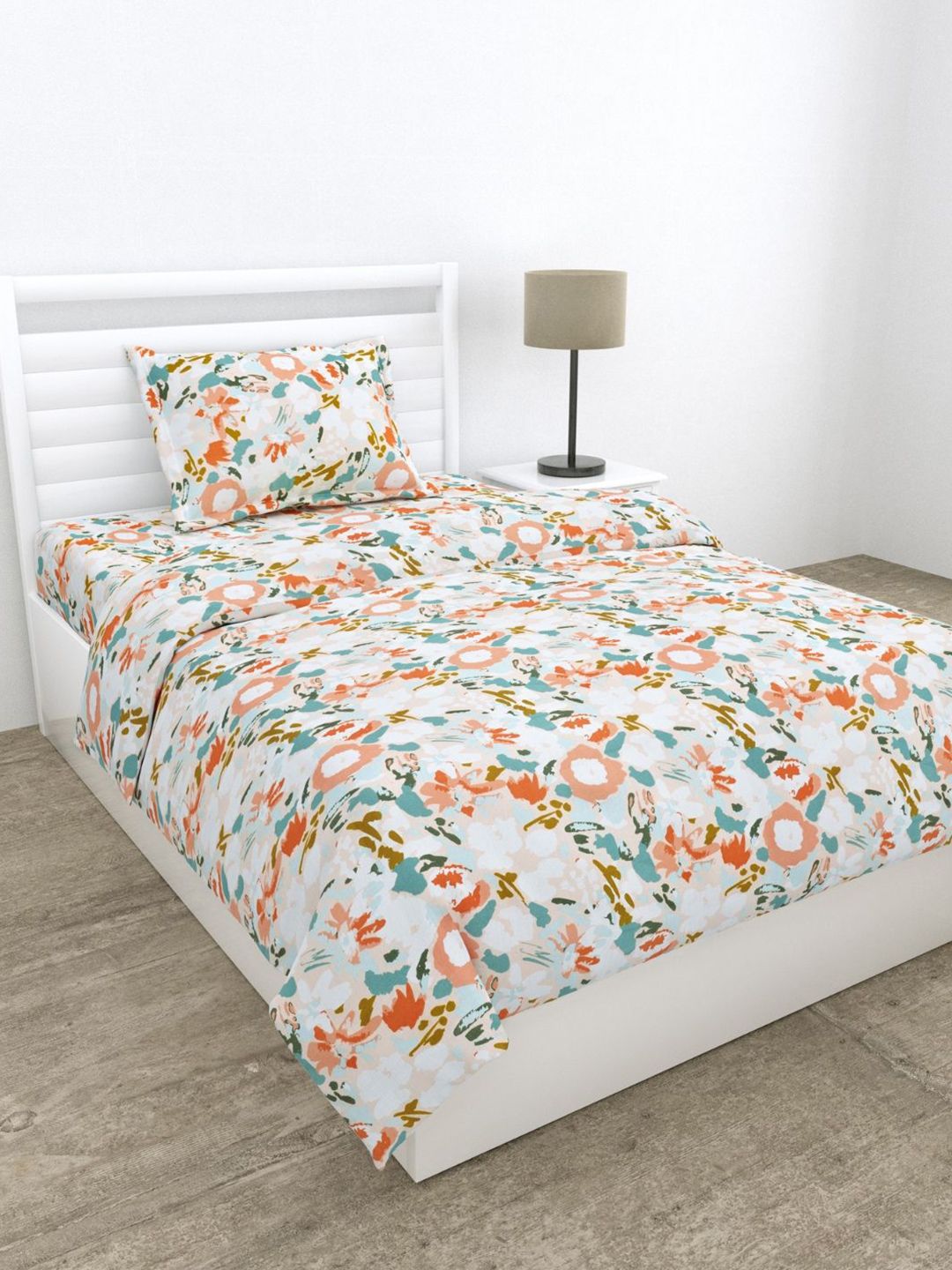 haus & kinder Blushbloom White Printed Pure Cotton 186 TC Single Bedsheet Set 1.53 x 2.55m