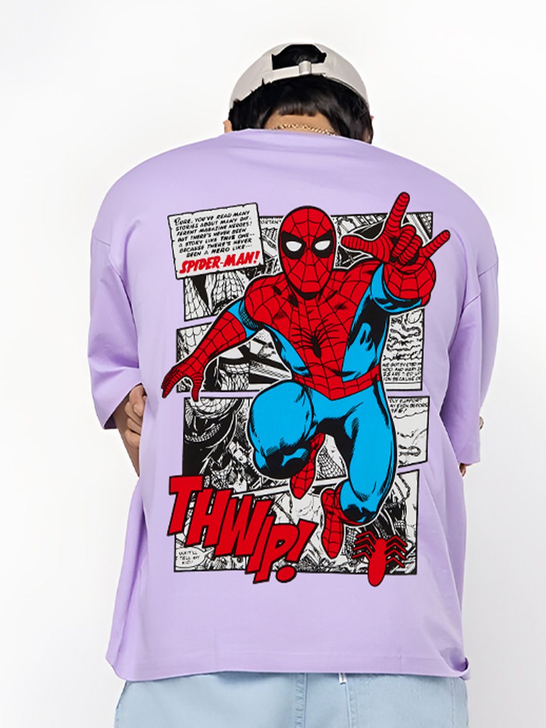 BDSQUARE Men Spider-Man Graphic Printed Round Neck Cotton Oversized T-shirt