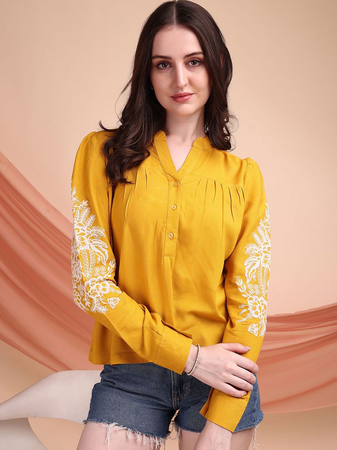 Buy Kinjo Women Embroidered Mandarin Collar Shirt Style Top - Tops