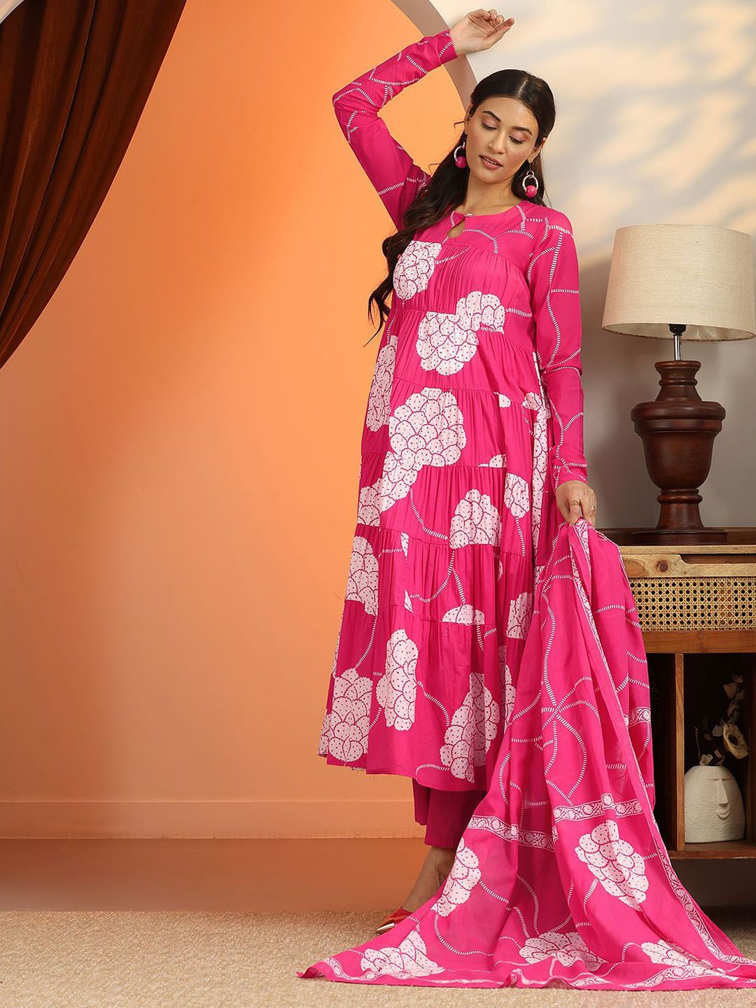 Libas Libas Womens Pink Printed Cotton Anarkali Kurta With Trousers & Dupatta