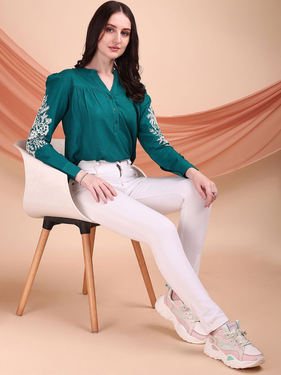 Buy Kinjo Women Embroidered Mandarin Collar Shirt Style Top - Tops
