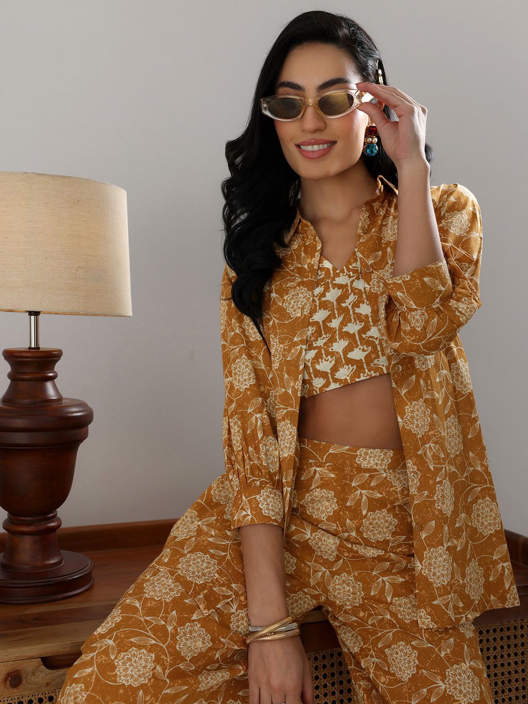 Libas Libas Floral Printed Round Neck Top With Palazzos & Jacket Co-Ords