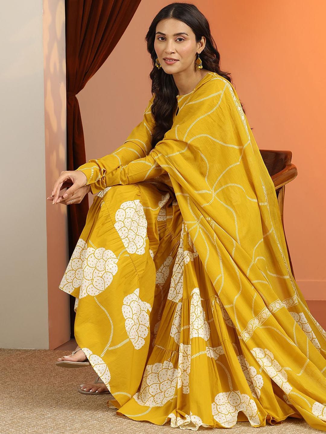 Libas Libas Womens Mustard Printed Cotton Anarkali Kurta With Trousers & Dupatta