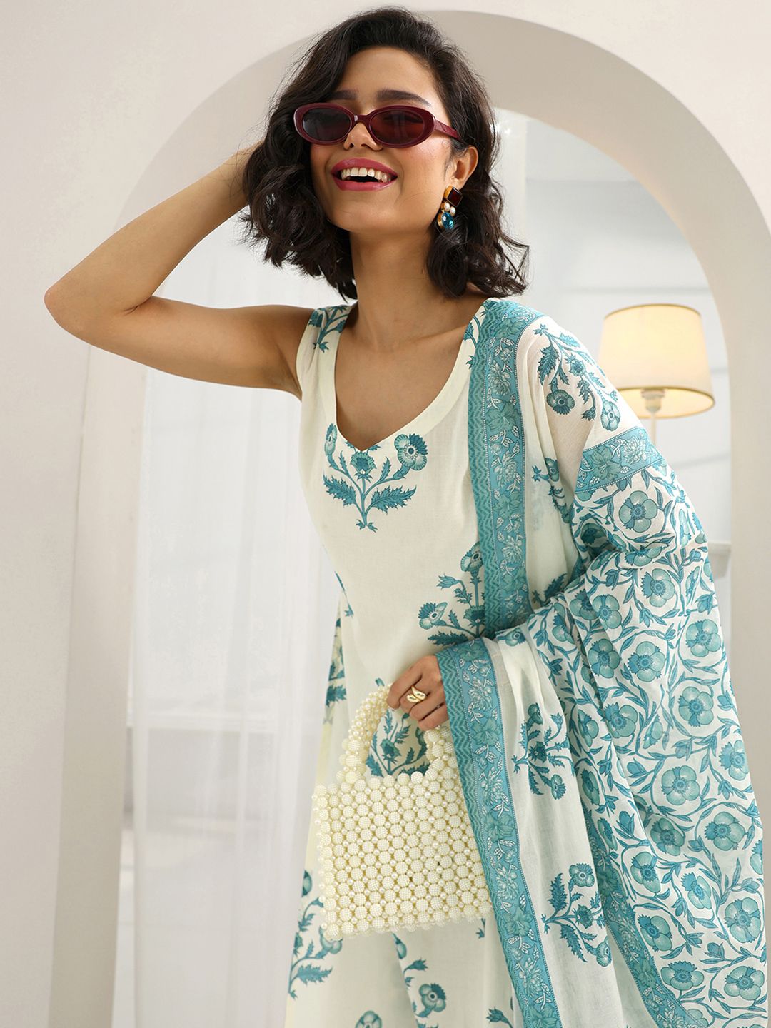 Libas Women Floral Printed Kurta with Trousers & Dupatta deal from myntra
