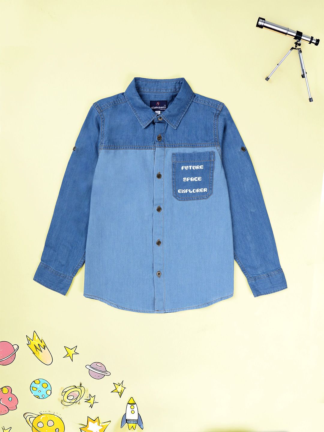 KiddoPanti Boys Future Space Explorer Printed Spread Collar Pure Cotton Casual Denim Shirt