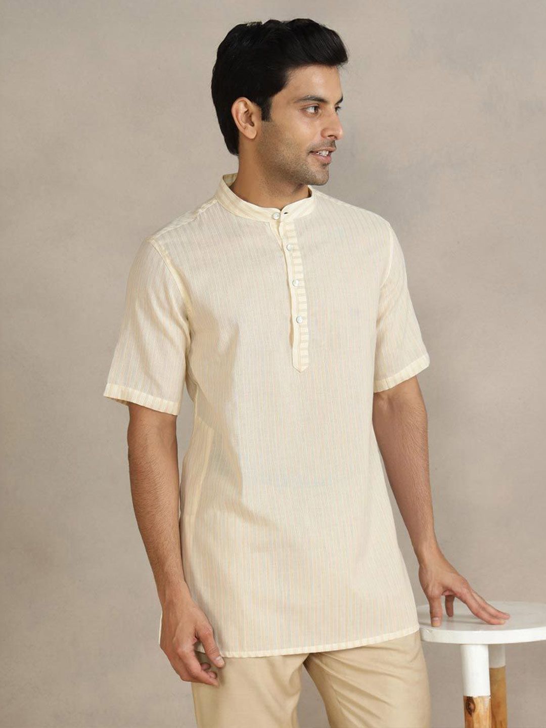 Fabindia Striped Band Collar Kurta