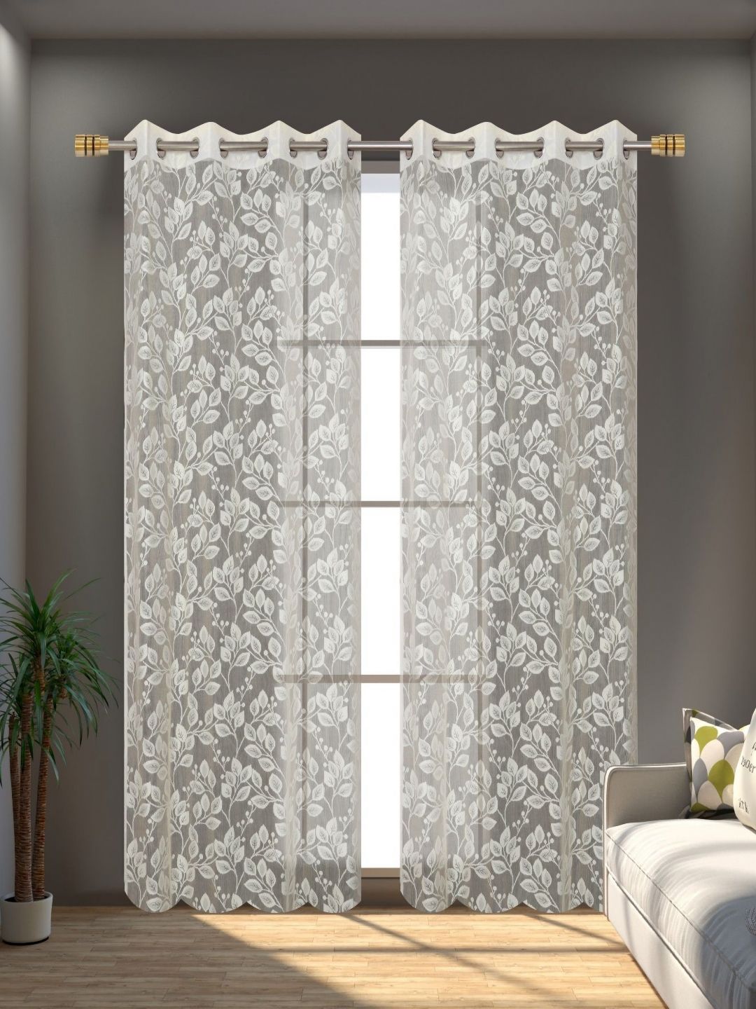 Aura Cream-Coloured 2 Pieces Self Design Sheer Long Door Curtains