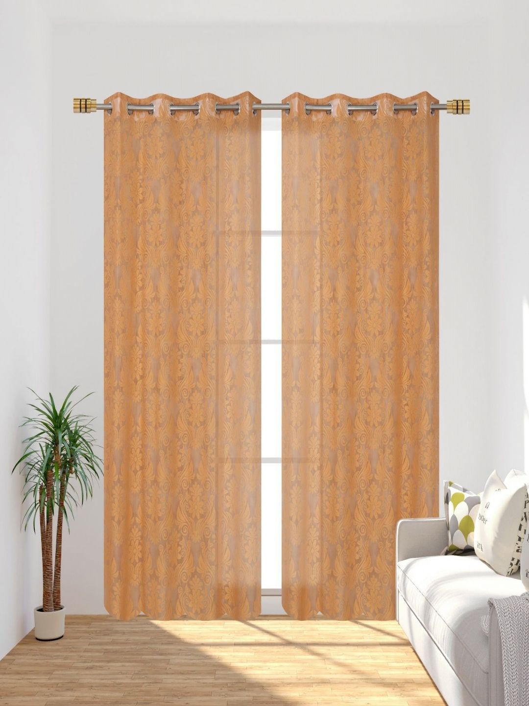 Aura Gold-Toned 2 Pieces Self Design Sheer Long Door Curtains