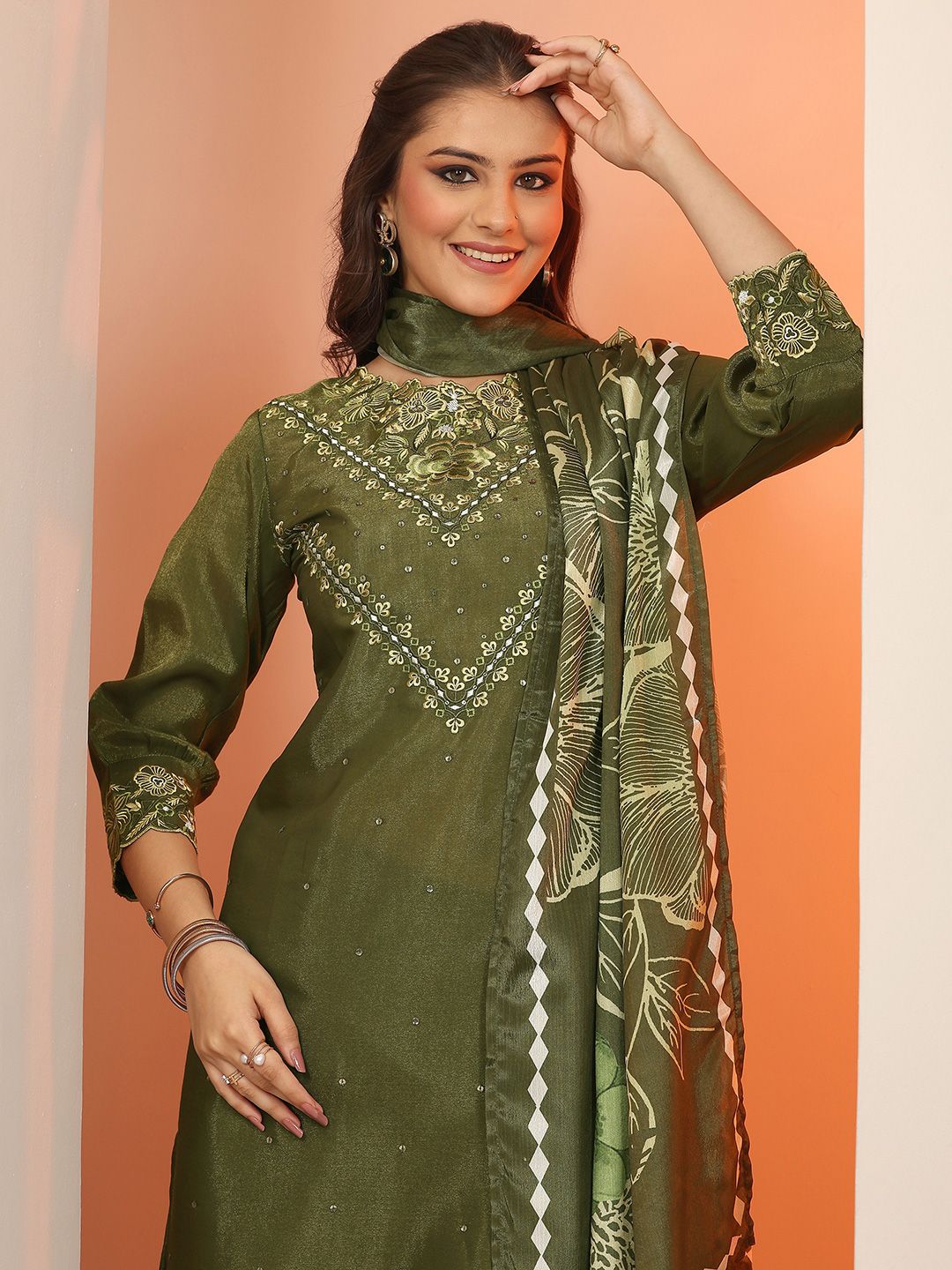 Libas Libas Floral Embroidered Round Neck Sequinned Straight Kurta With Palazzos And Dupatta