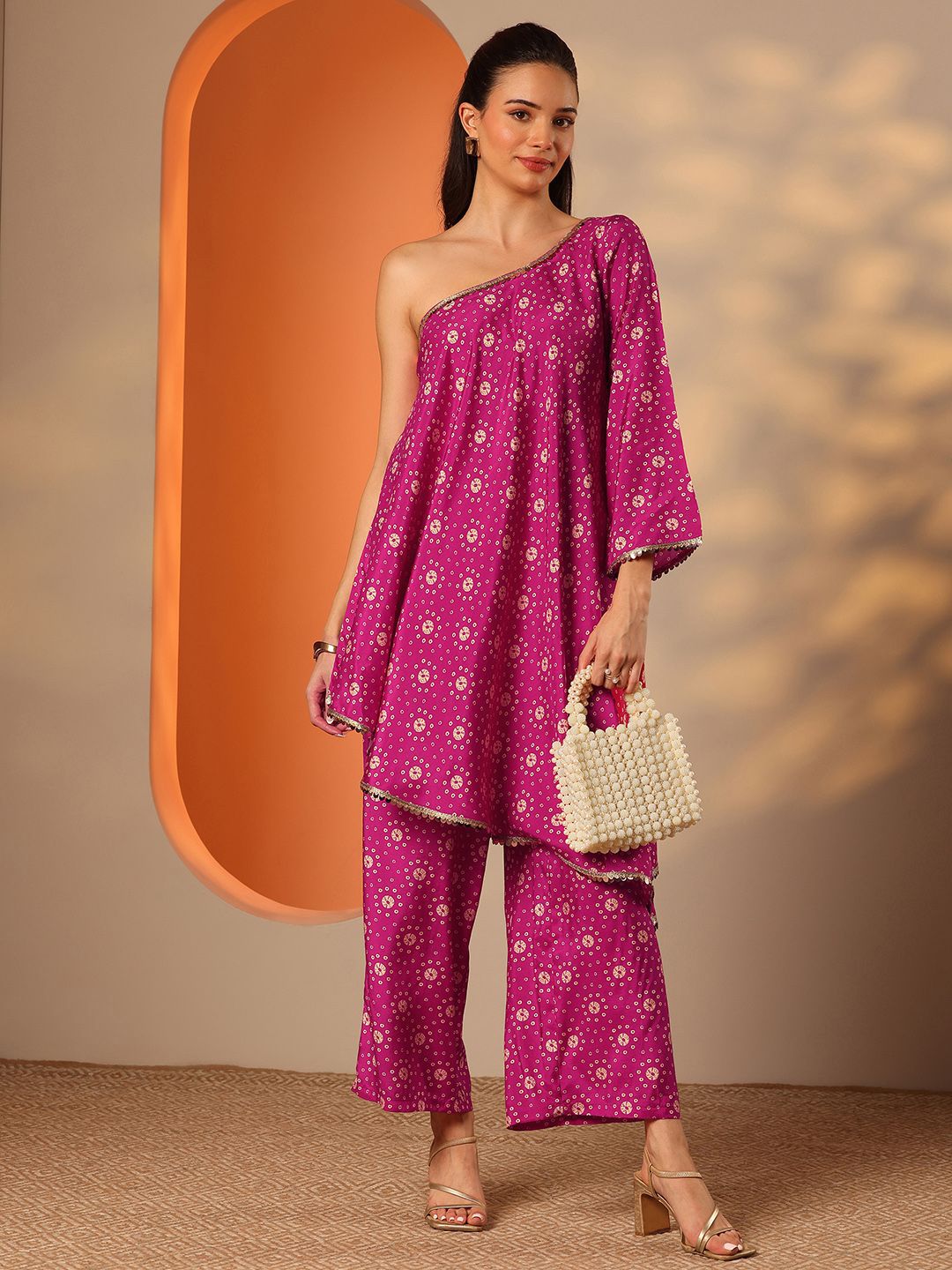 Libas Libas Bandhani Printed One Shoulder Tunic With Palazzos Co-Ords