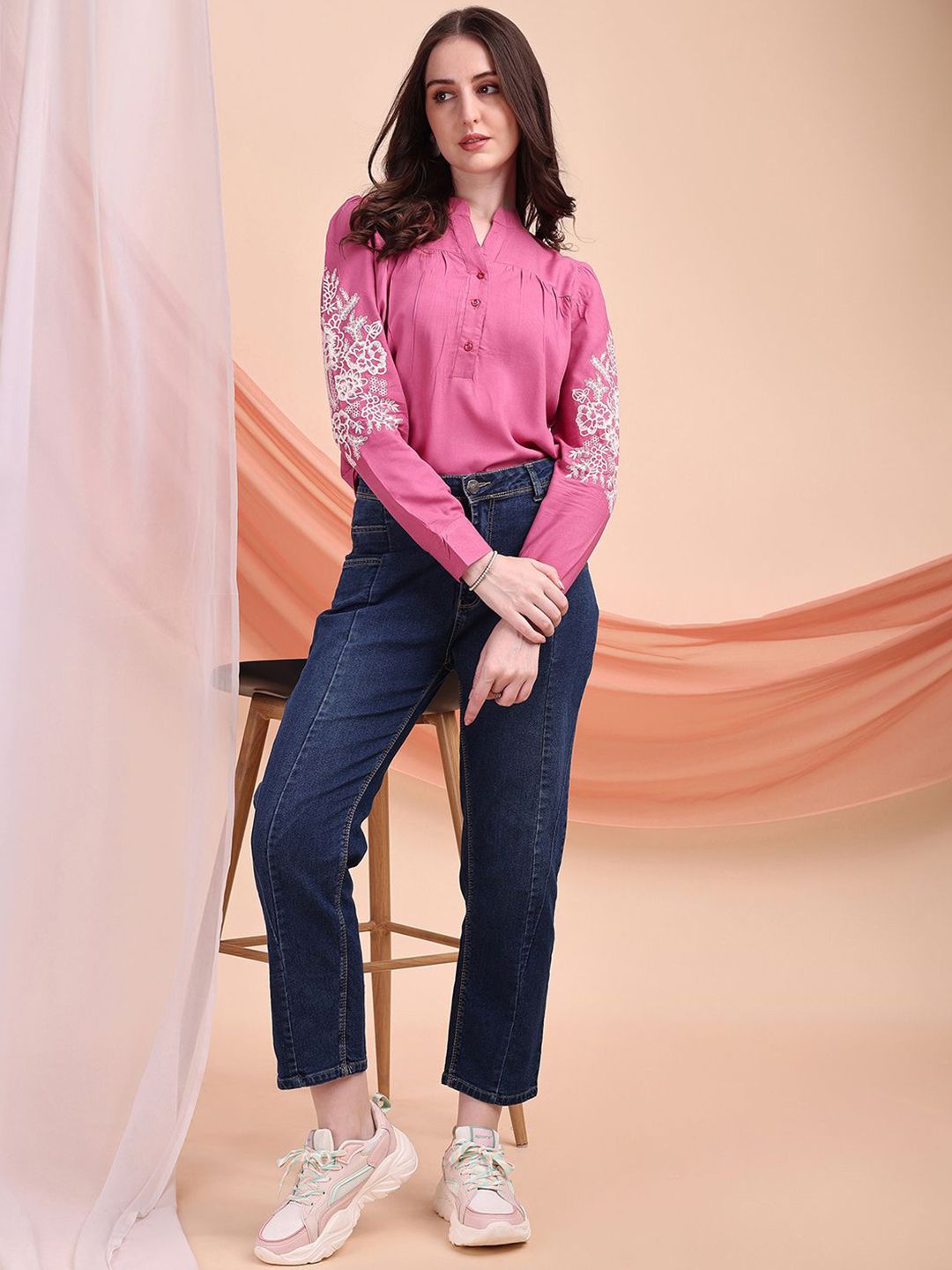 Buy Kinjo Women Embroidered Mandarin Collar Shirt Style Top - Tops