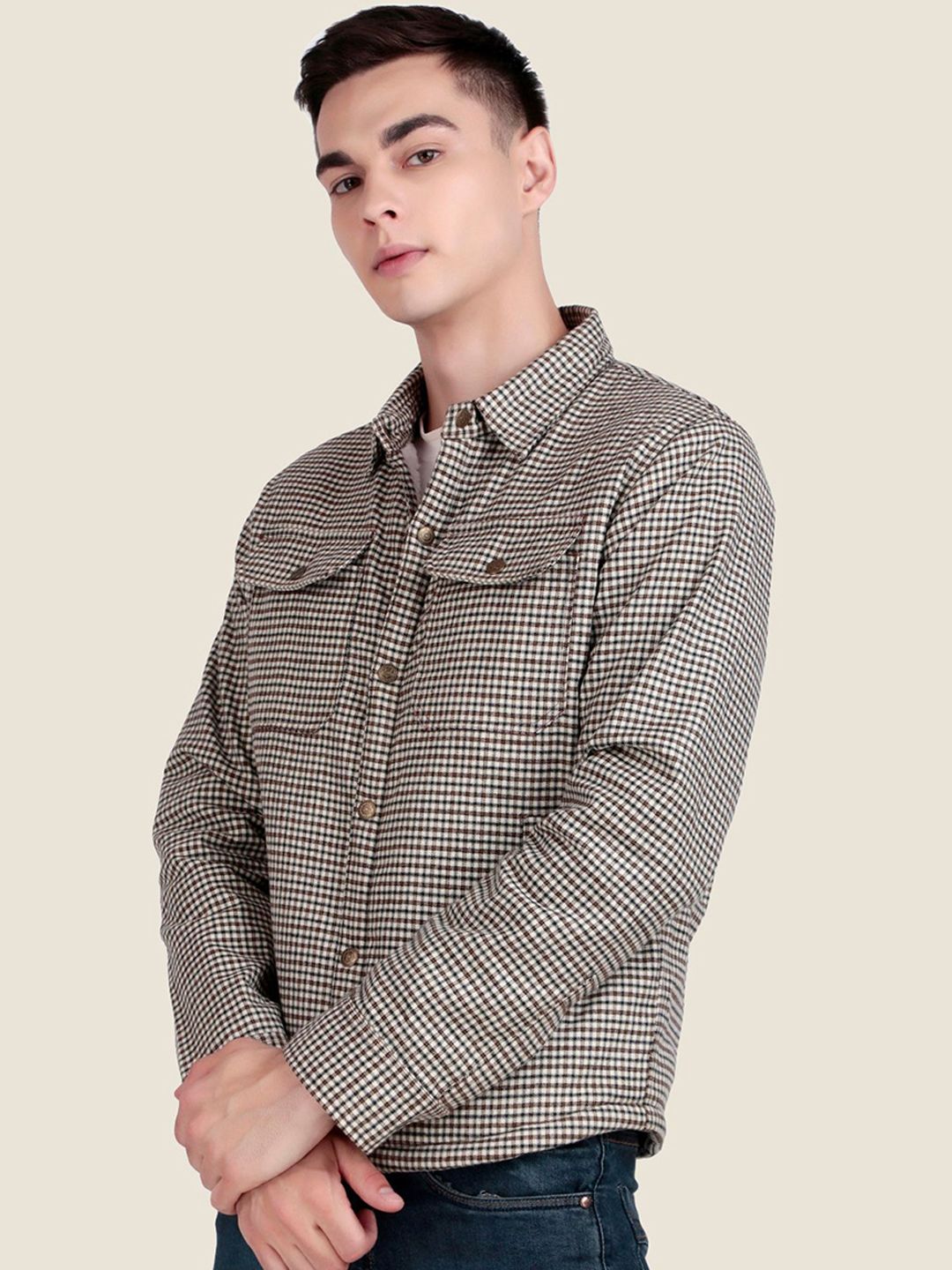 Leather Retail Men Spread Collar Checked Lightweight Tailored Jacket