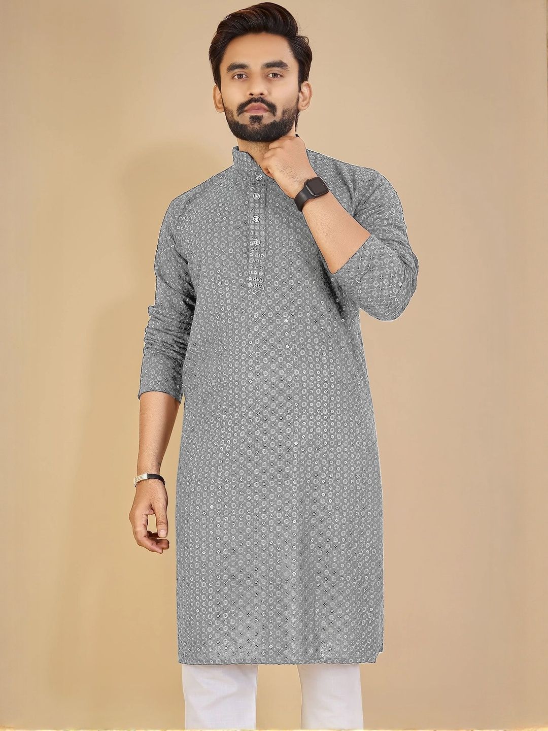 ORIFAB Men Grey Cotton Kurtas