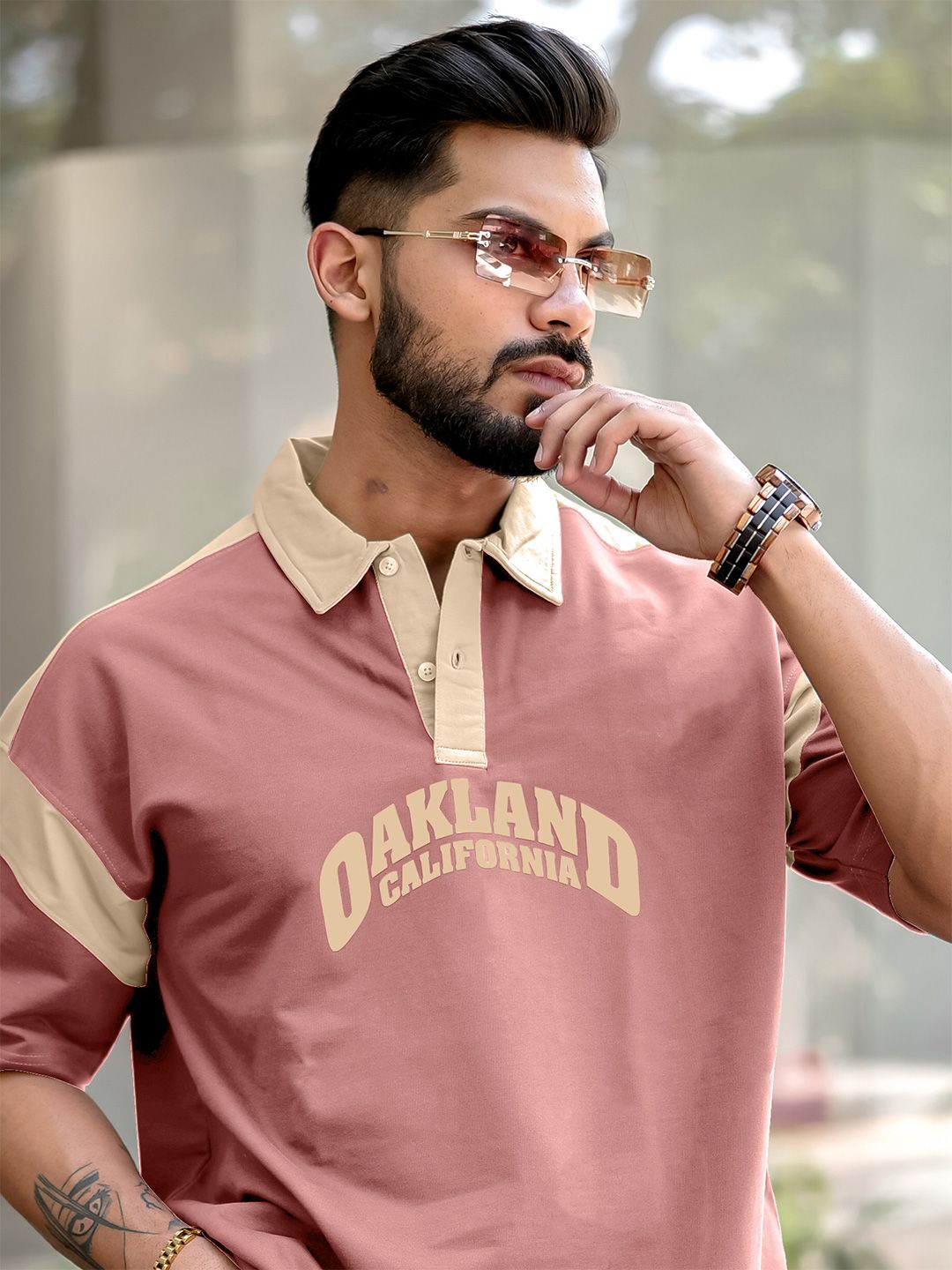 Maniac Men Typography Printed Polo Collar Cotton Oversized T-Shirt