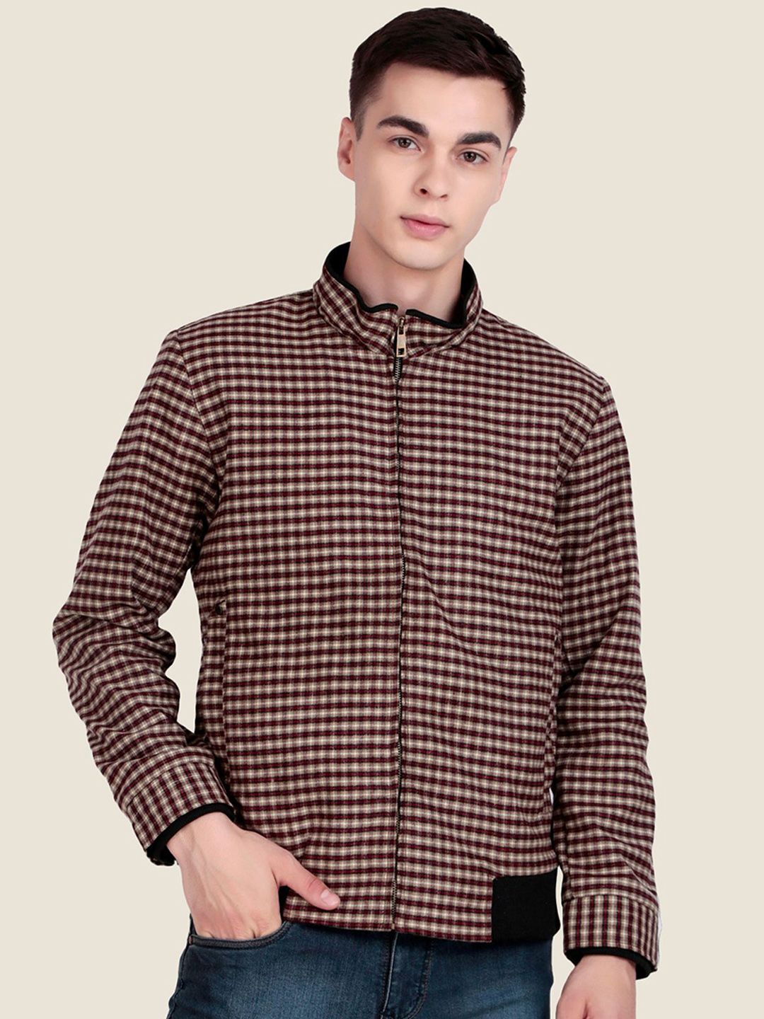Leather Retail Men Mock Collar Checked Lightweight Tailored Woollen Jacket