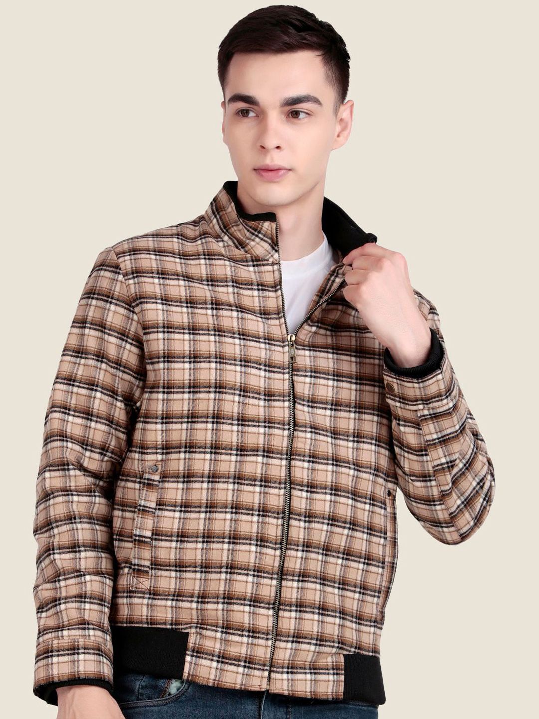 Leather Retail Men Mock Collar Checked Lightweight Tailored Woollen Jacket