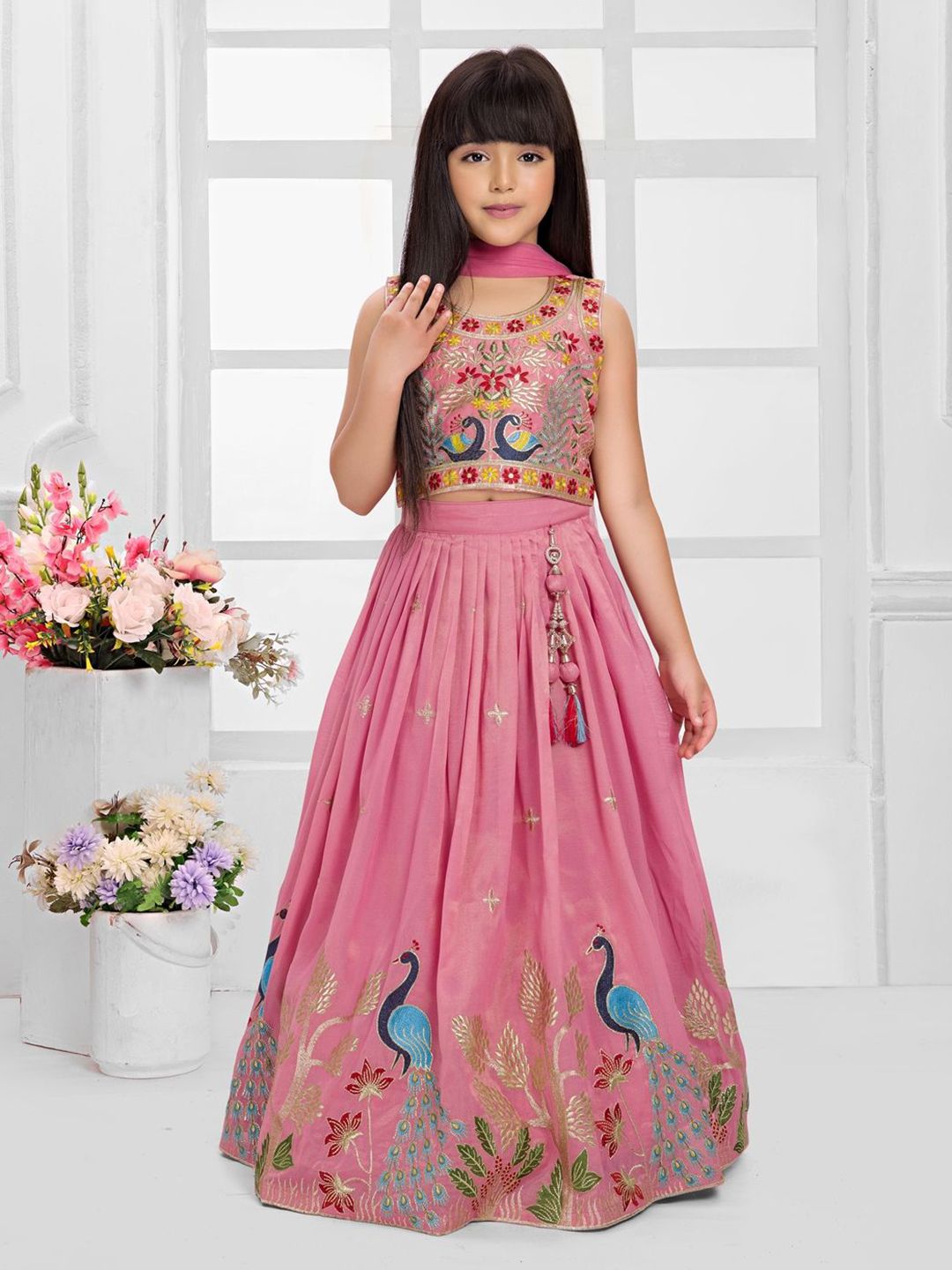 Tiny Kingdom Girls Embroidered Ready To Wear Silk Lehenga & Blouse With Dupatta