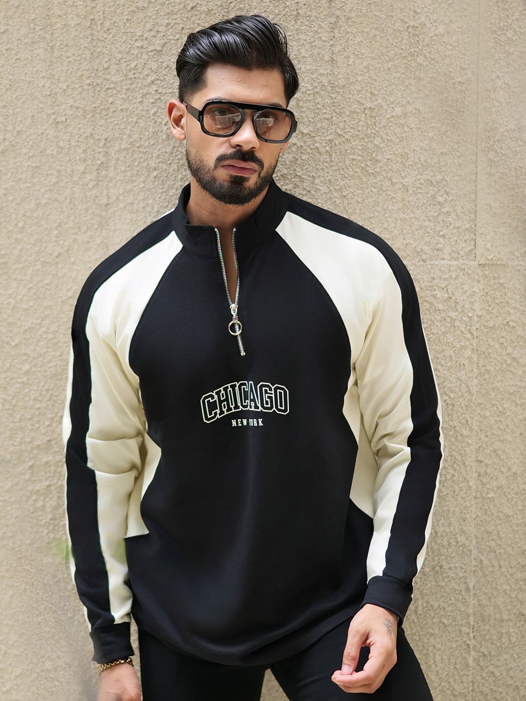 Maniac Men Colourblocked High Neck Cotton Relaxed Fit T-shirt