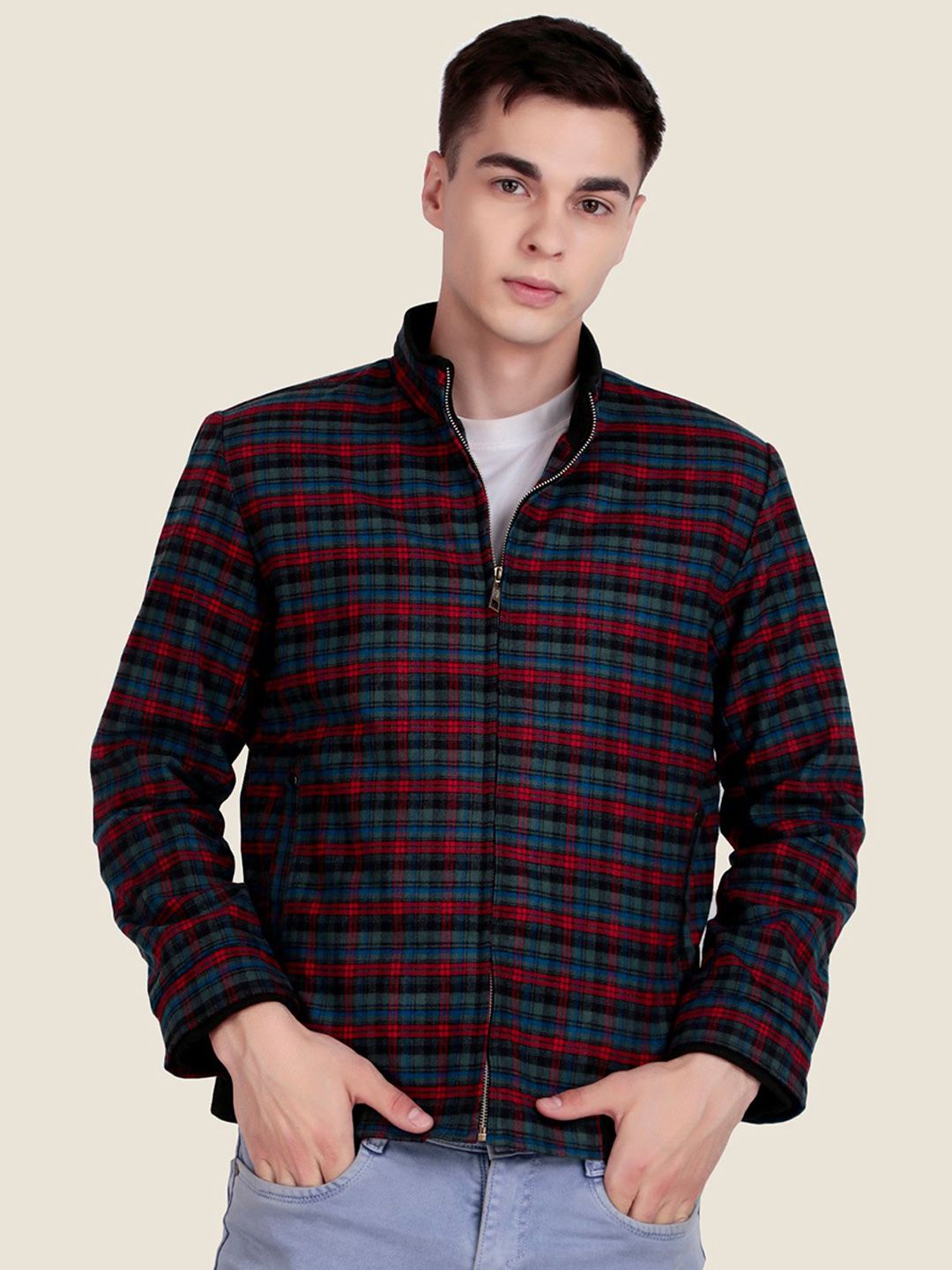 Leather Retail Men Mock Collar Checked Lightweight Tailored Jacket