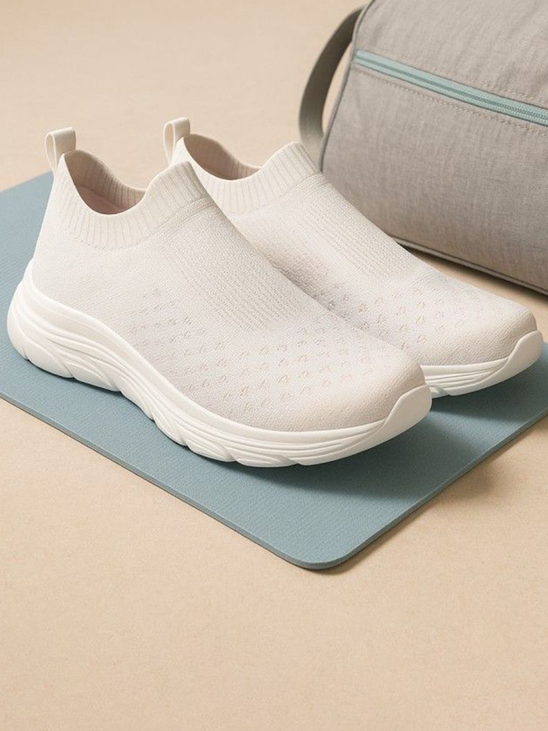 KRAASA White Mesh Slip-On Walking Shoes