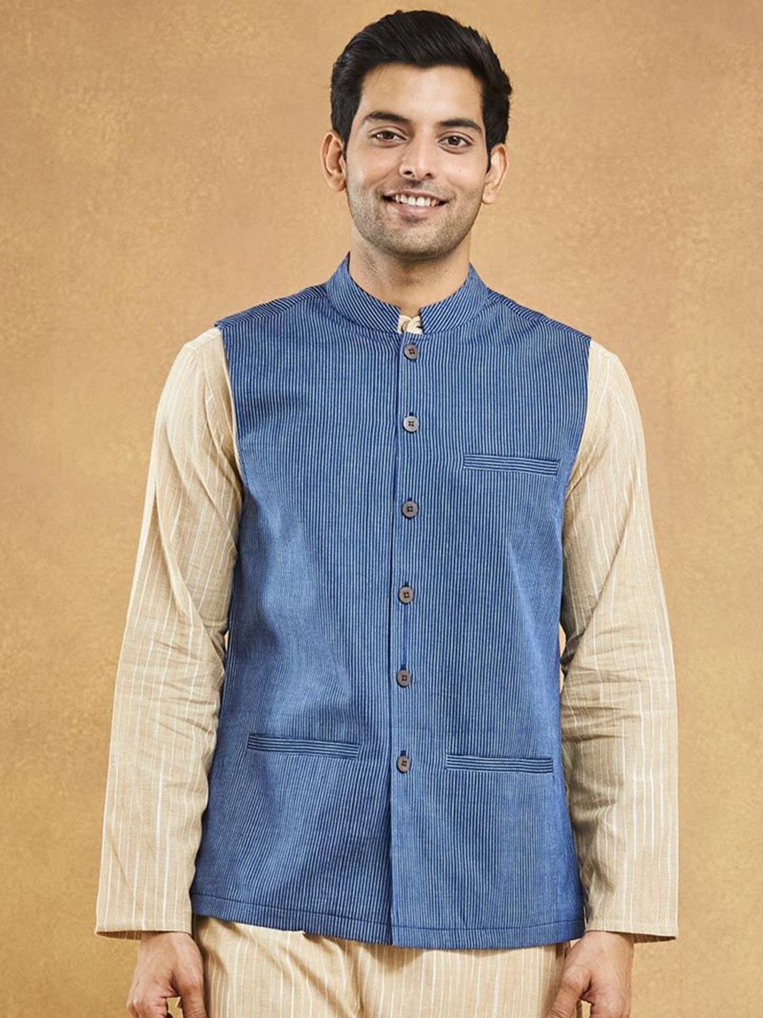 Fabindia Striped Pure Cotton Nehru Jacket