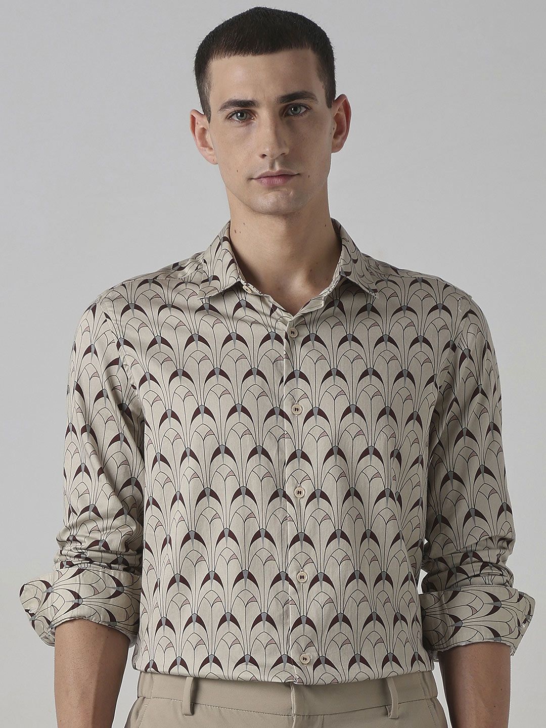 Mufti Mufti Men Mufti Pale Oatmeal Beige Printed Shirt
