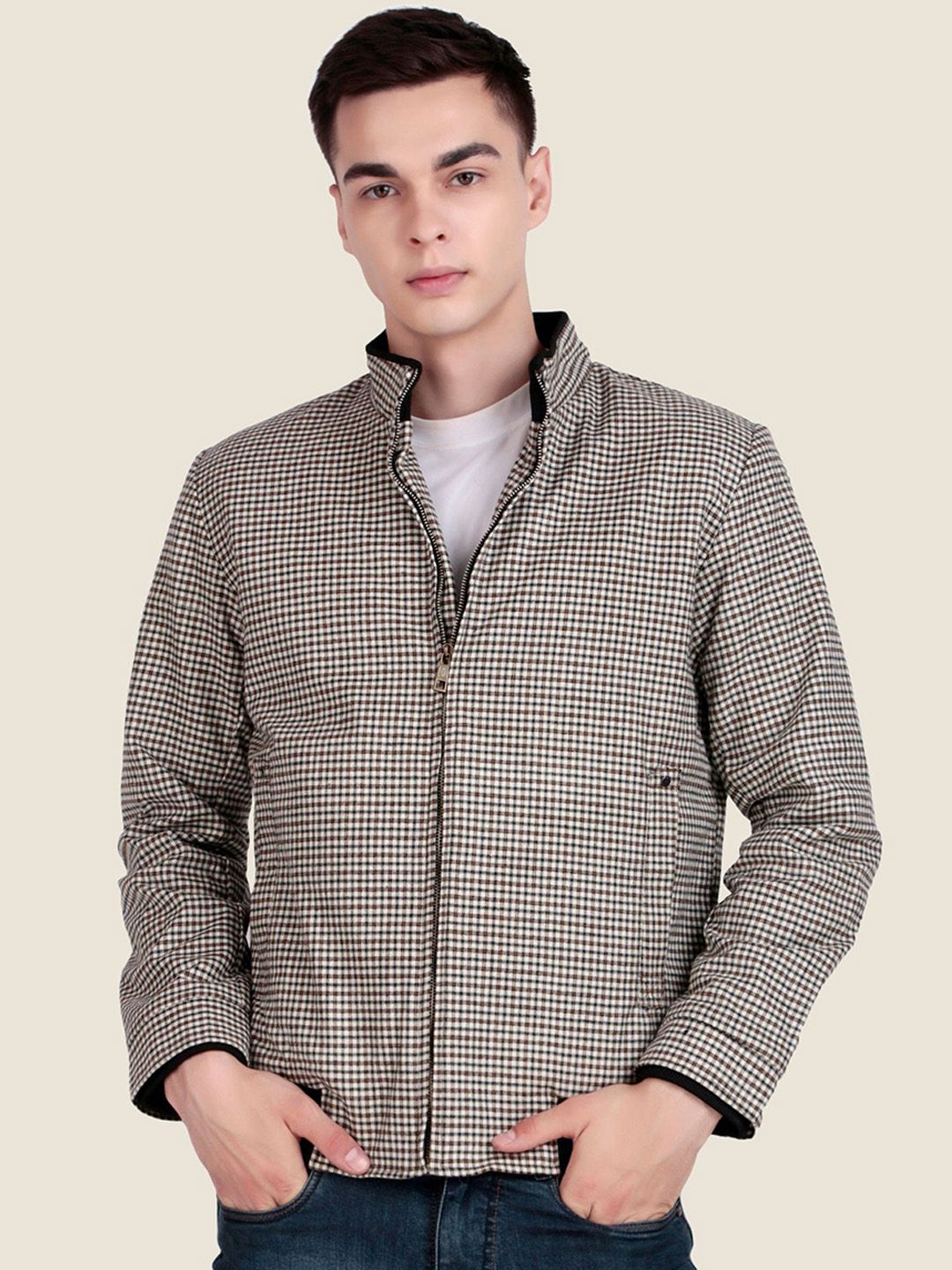 Leather Retail Men Mock Collar Checked Lightweight Tailored Jacket