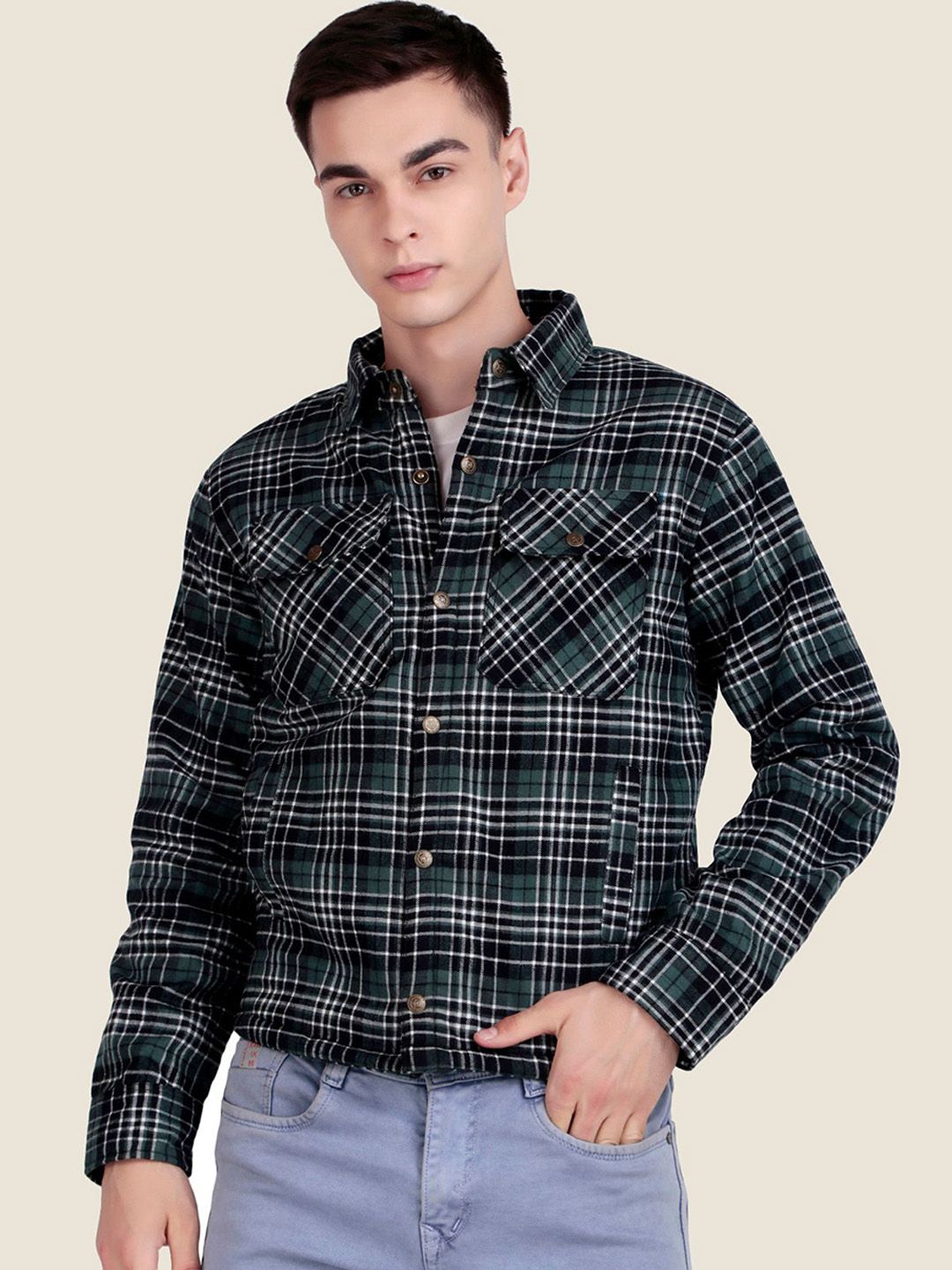 Leather Retail Men Spread Collar Checked Lightweight Tailored Jacket