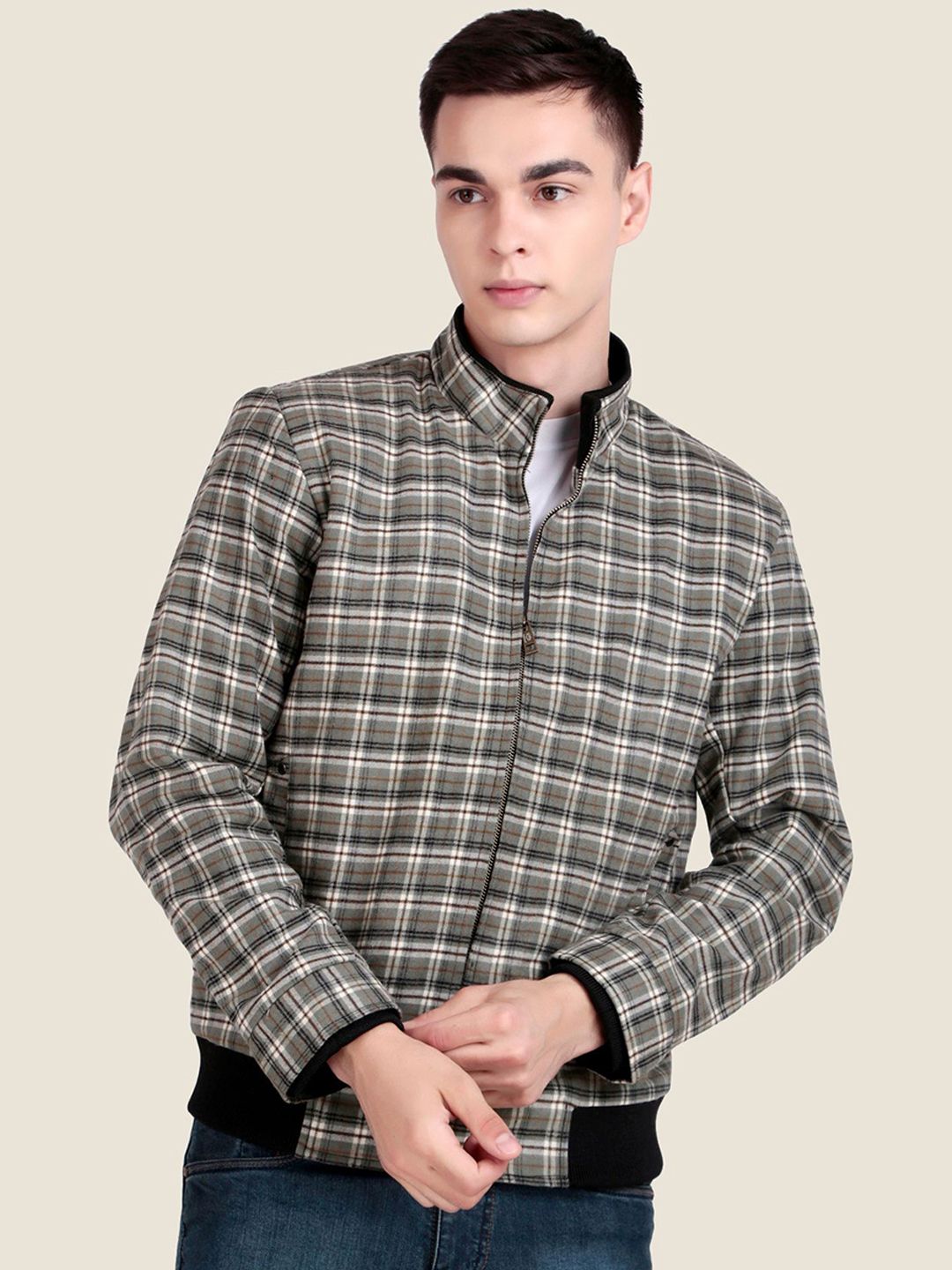 Leather Retail Men Mock Collar Checked Lightweight Tailored Woollen Jacket