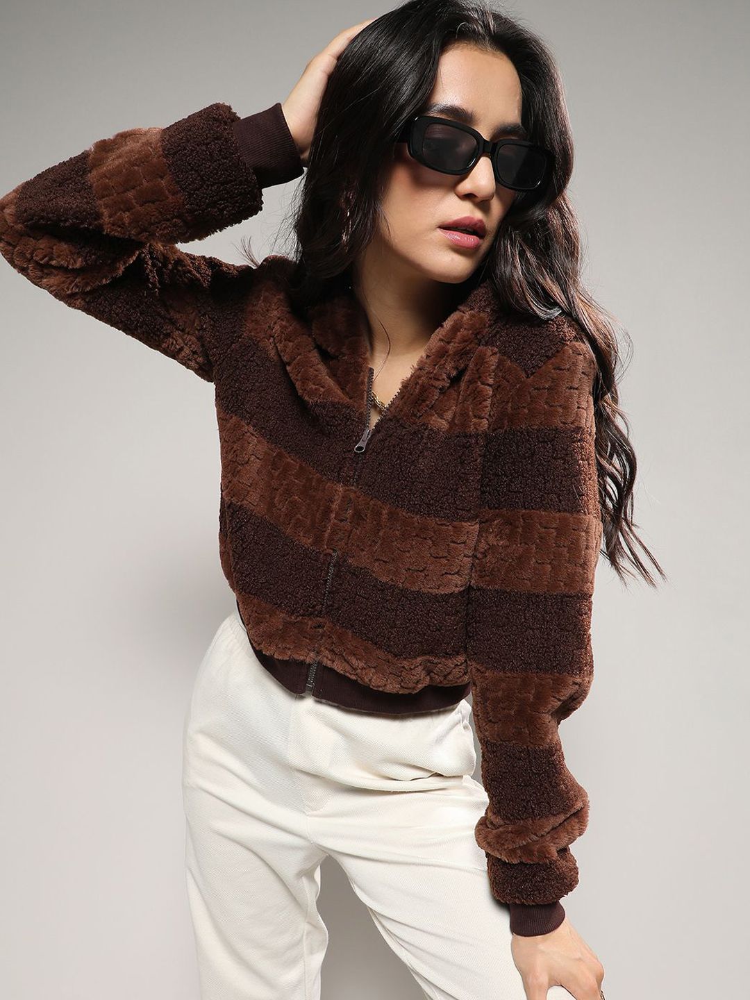 PINACOLADA Women Hooded Striped Lightweight Sherpa Jacket