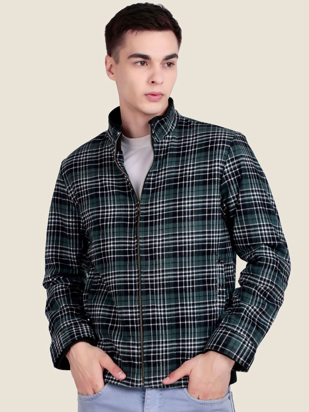 Leather Retail Men Mock Collar Checked Lightweight Tailored Jacket