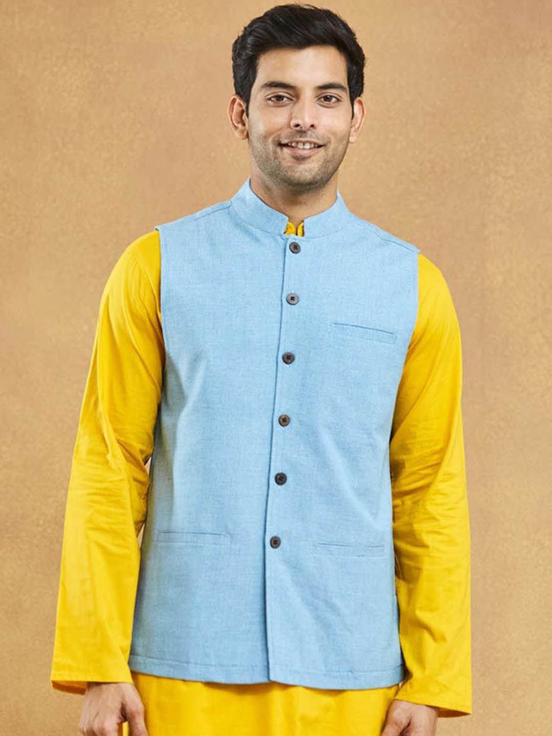 Fabindia Dobby Men Textured Pure Cotton Woven Nehru Jacket