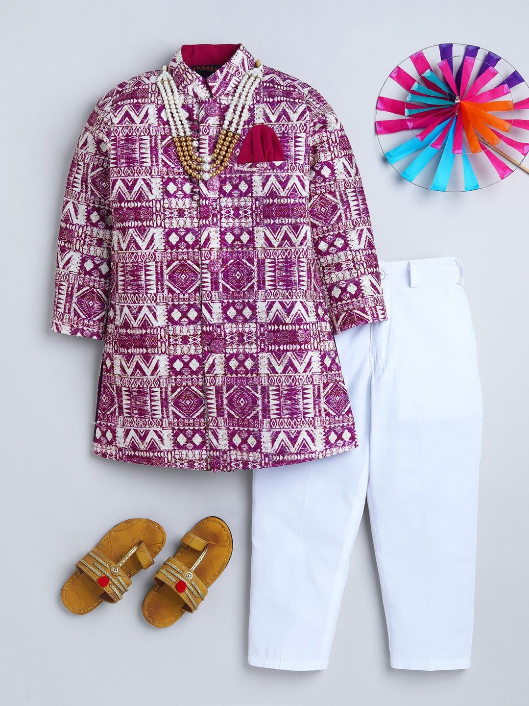 ahhaaaa Boys Geometric Printed Pure Cotton Jodhpuri Sherwani