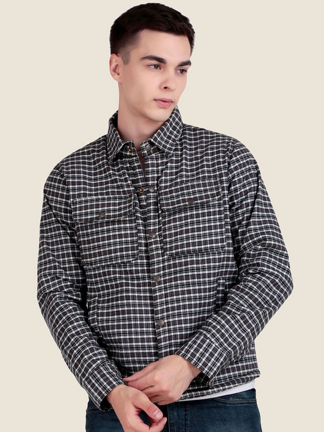Leather Retail Men Spread Collar Checked Lightweight Tailored Woollen Jacket