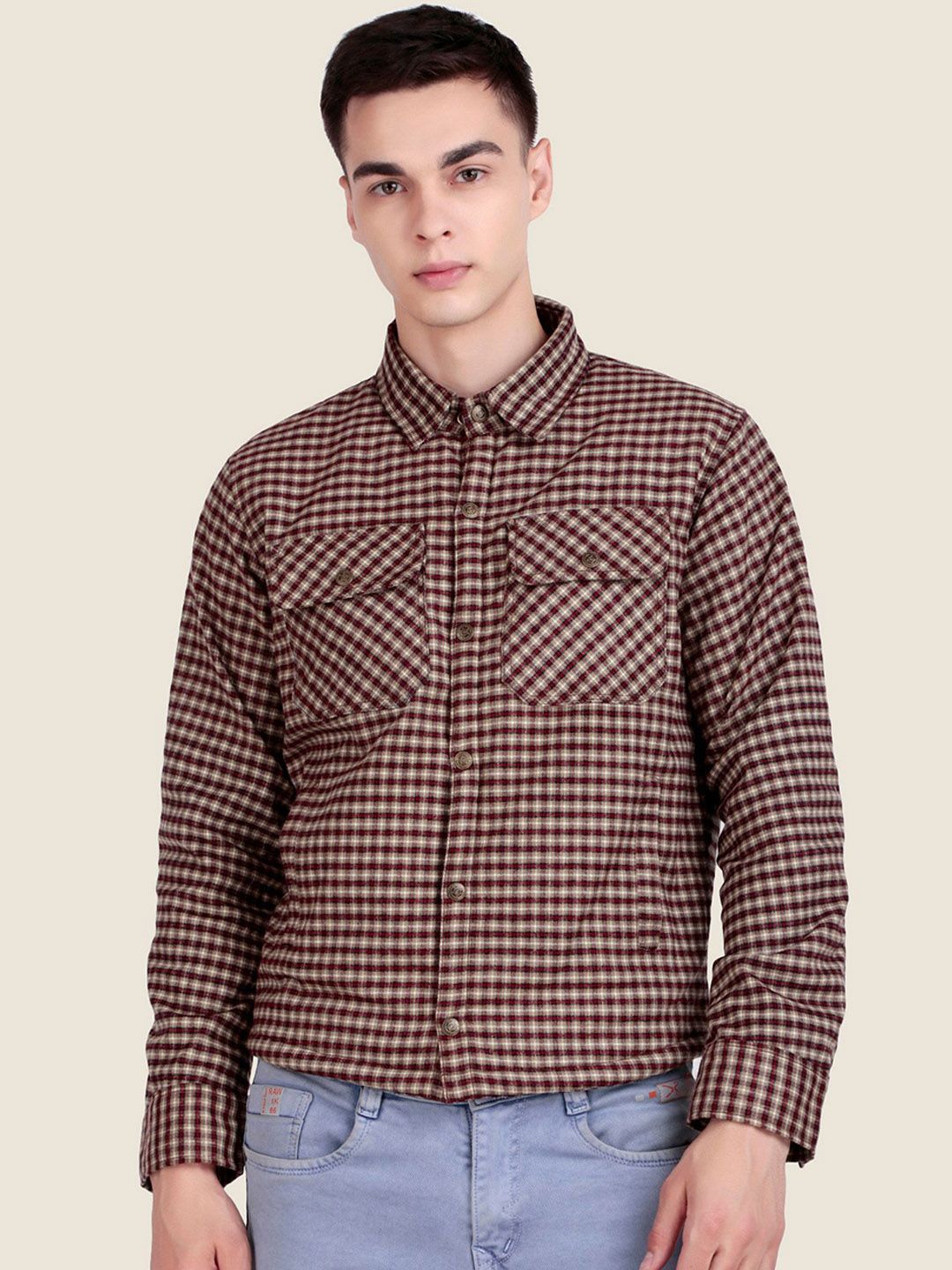 Leather Retail Men Spread Collar Checked Lightweight Tailored Woollen Jacket