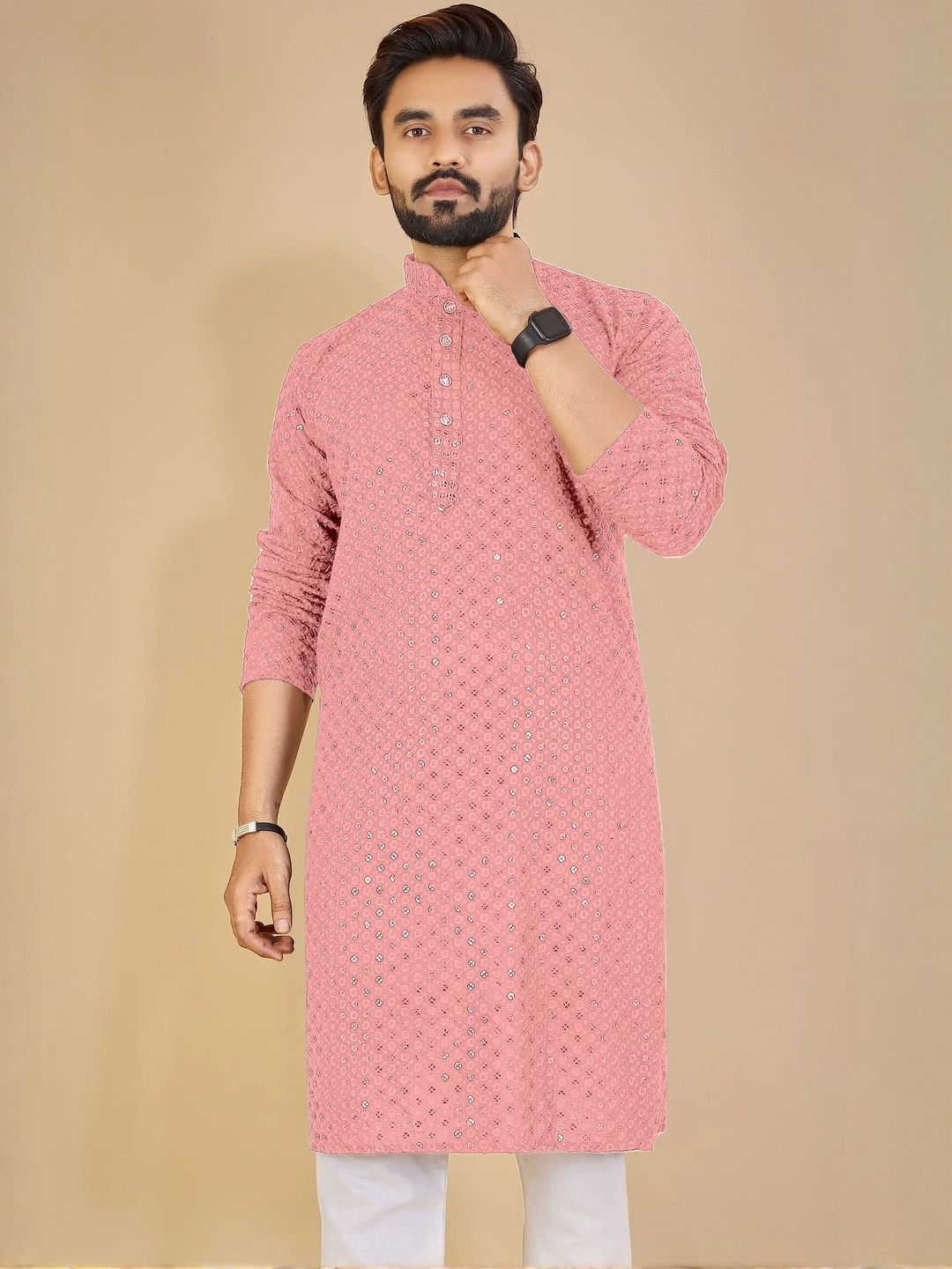 ORIFAB Men Pink Cotton Kurtas