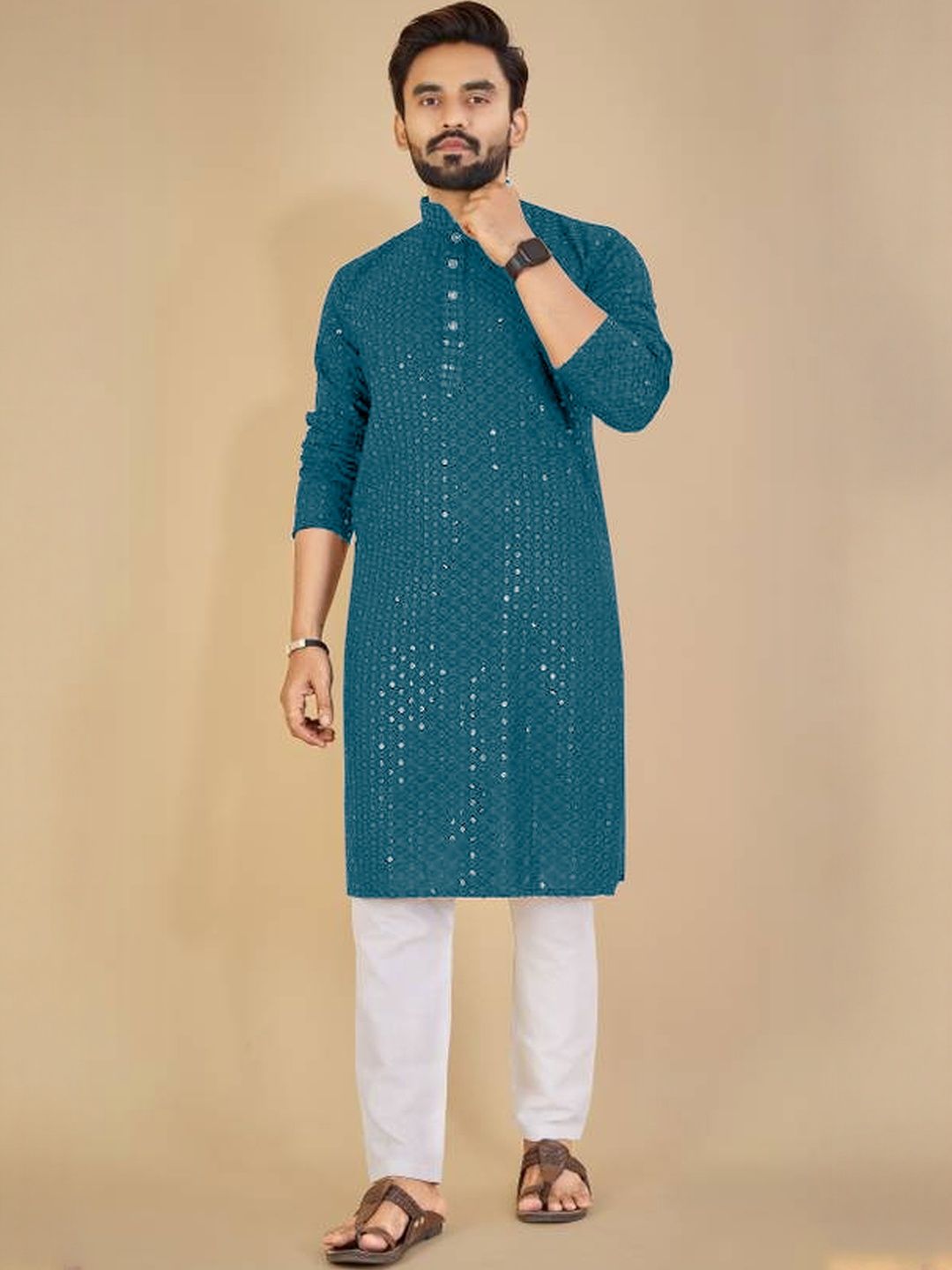 ORIFAB Men Fluorescent Green Cotton Kurtas