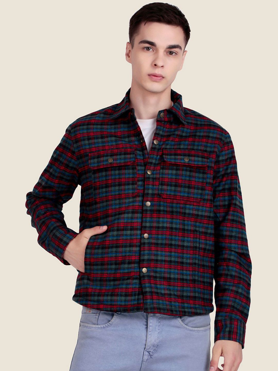 Leather Retail Men Spread Collar Checked Lightweight Tailored Jacket