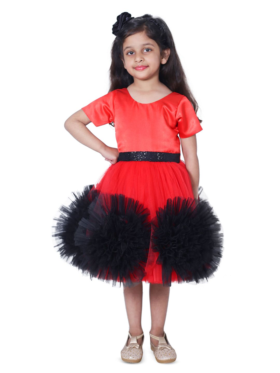 BAESD Girls Solid Round Neck Fit and Flare Knee Length Dress With Applique