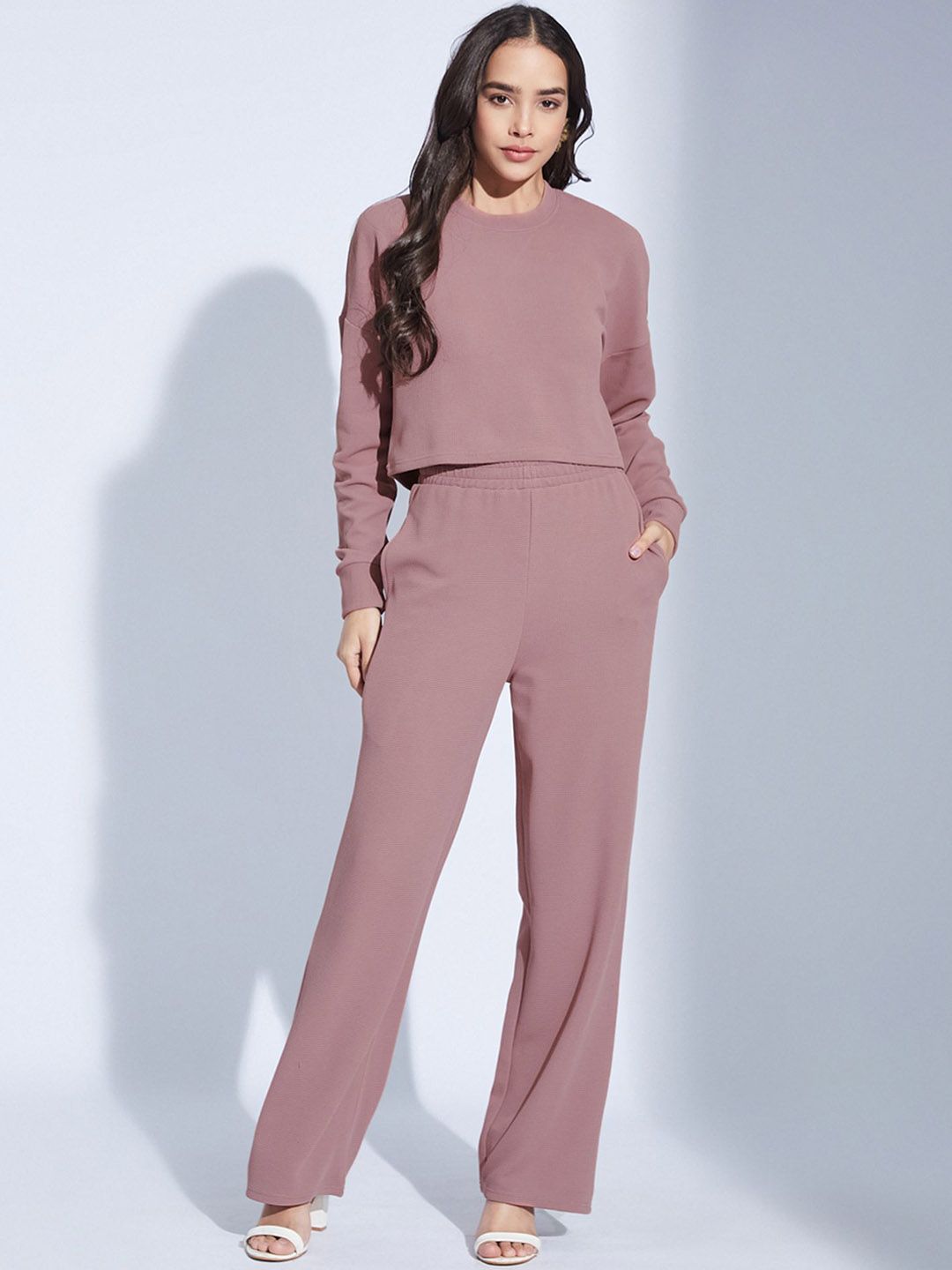 Selvia Edge Women Solid Round Neck Top and Trousers Co-Ords