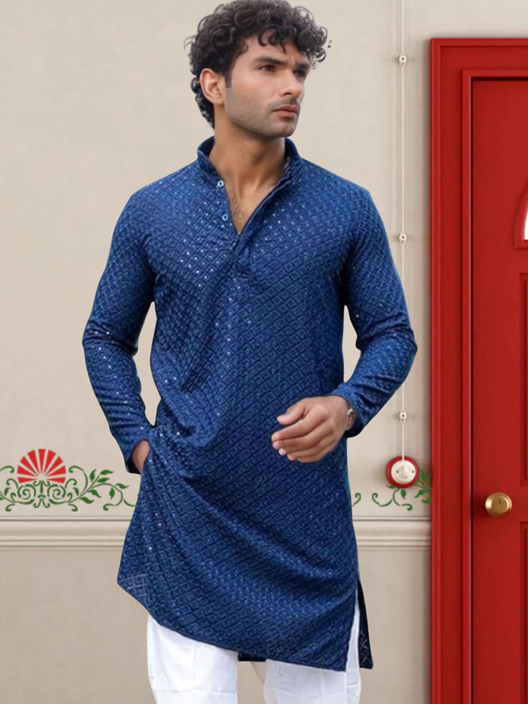 BAESD Men Ethnic Motifs Sequins Embroidered Mandarin Collar Kurta