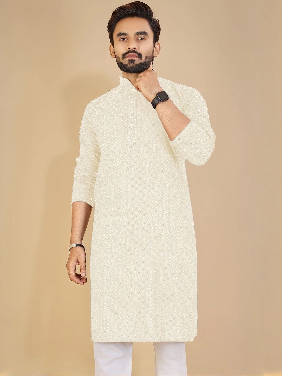 ORIFAB Men Off White Cotton Kurtas