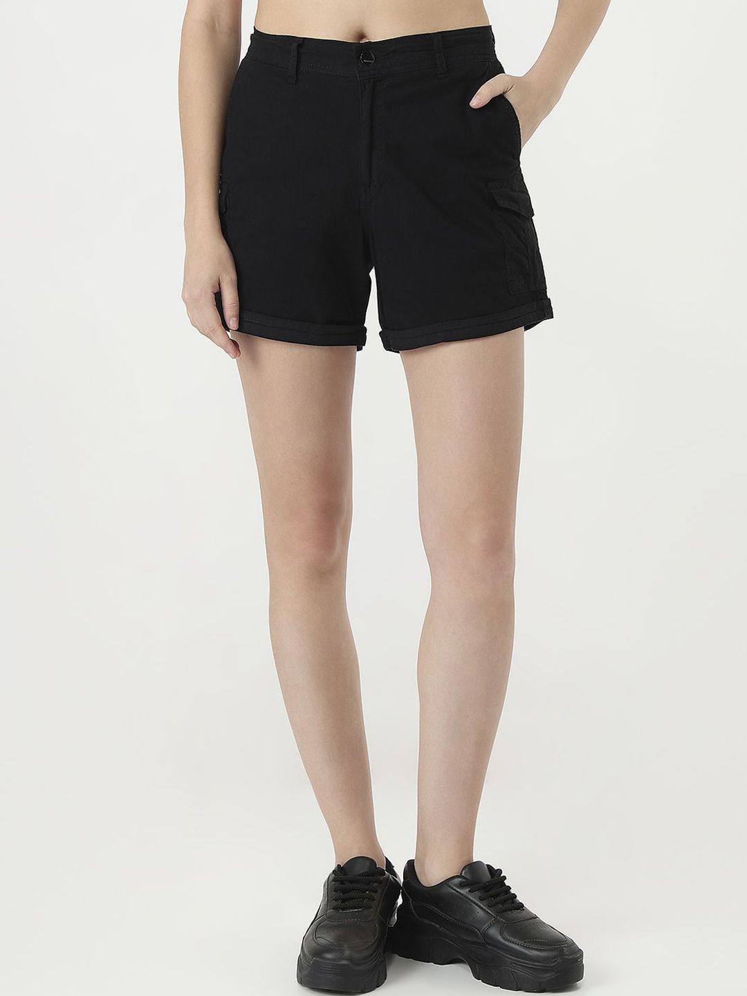 Kraus Jeans Women Slim Fit High-Rise Denim Cargo Shorts