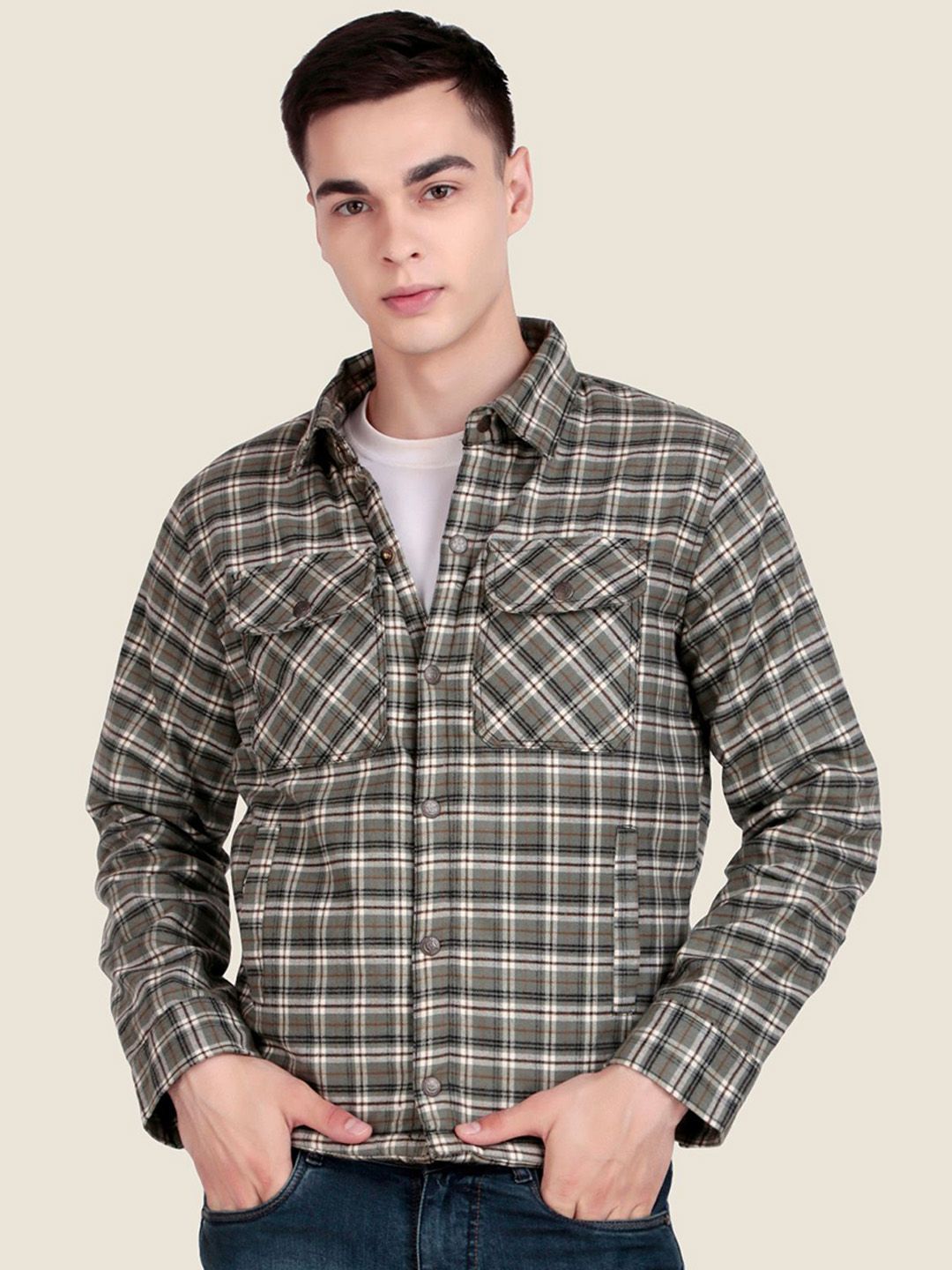 Leather Retail Men Spread Collar Checked Lightweight Tailored Woollen Jacket
