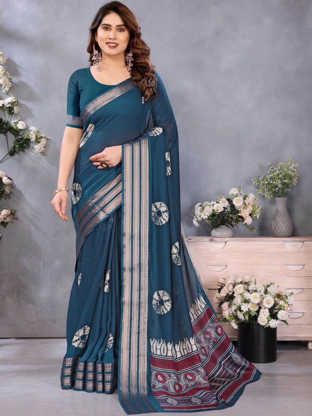 Moda Rapido Women Ethnic Motifs Poly Chiffon Designer Block Print Saree With Blouse Piece