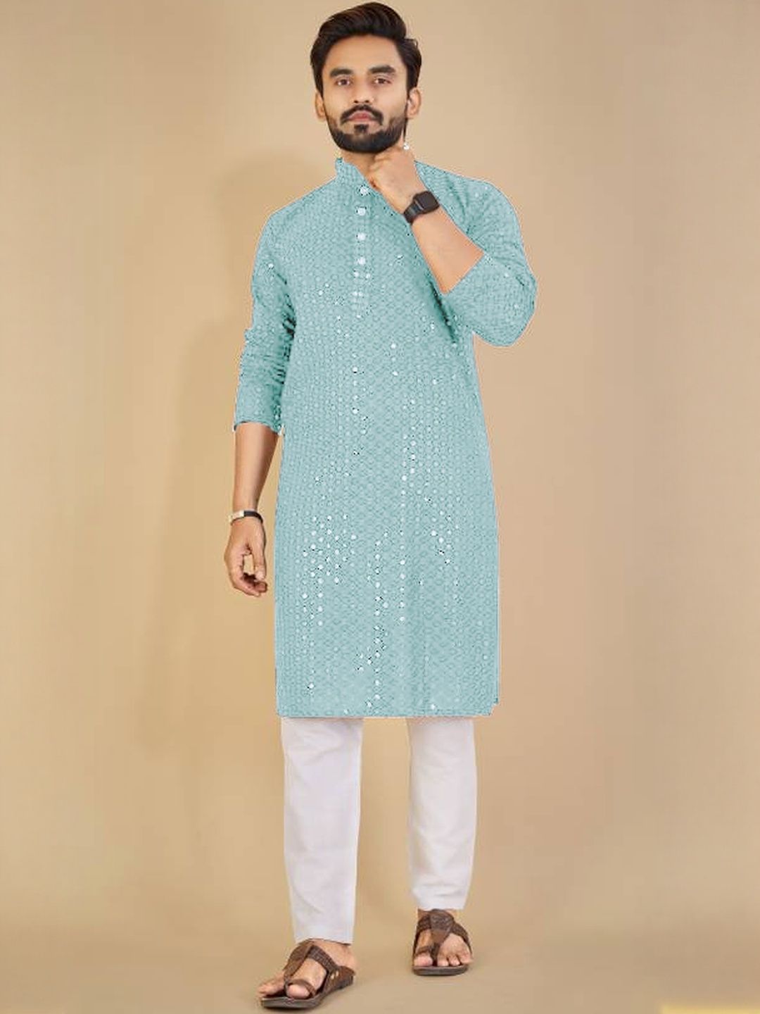 ORIFAB Men Sea Green Cotton Kurtas