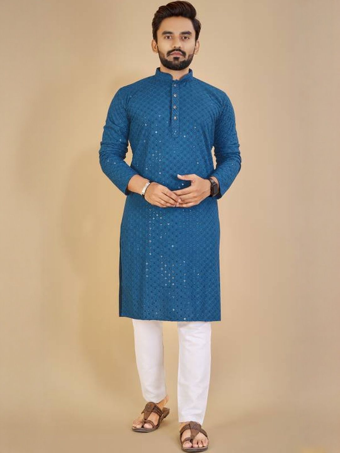 ORIFAB Men Blue Cotton Long Sleeves Kurta