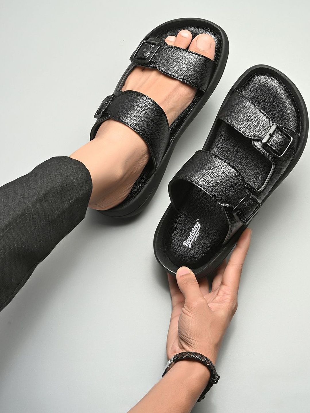 Roadster Men Black Solid PU Comfort Sandals