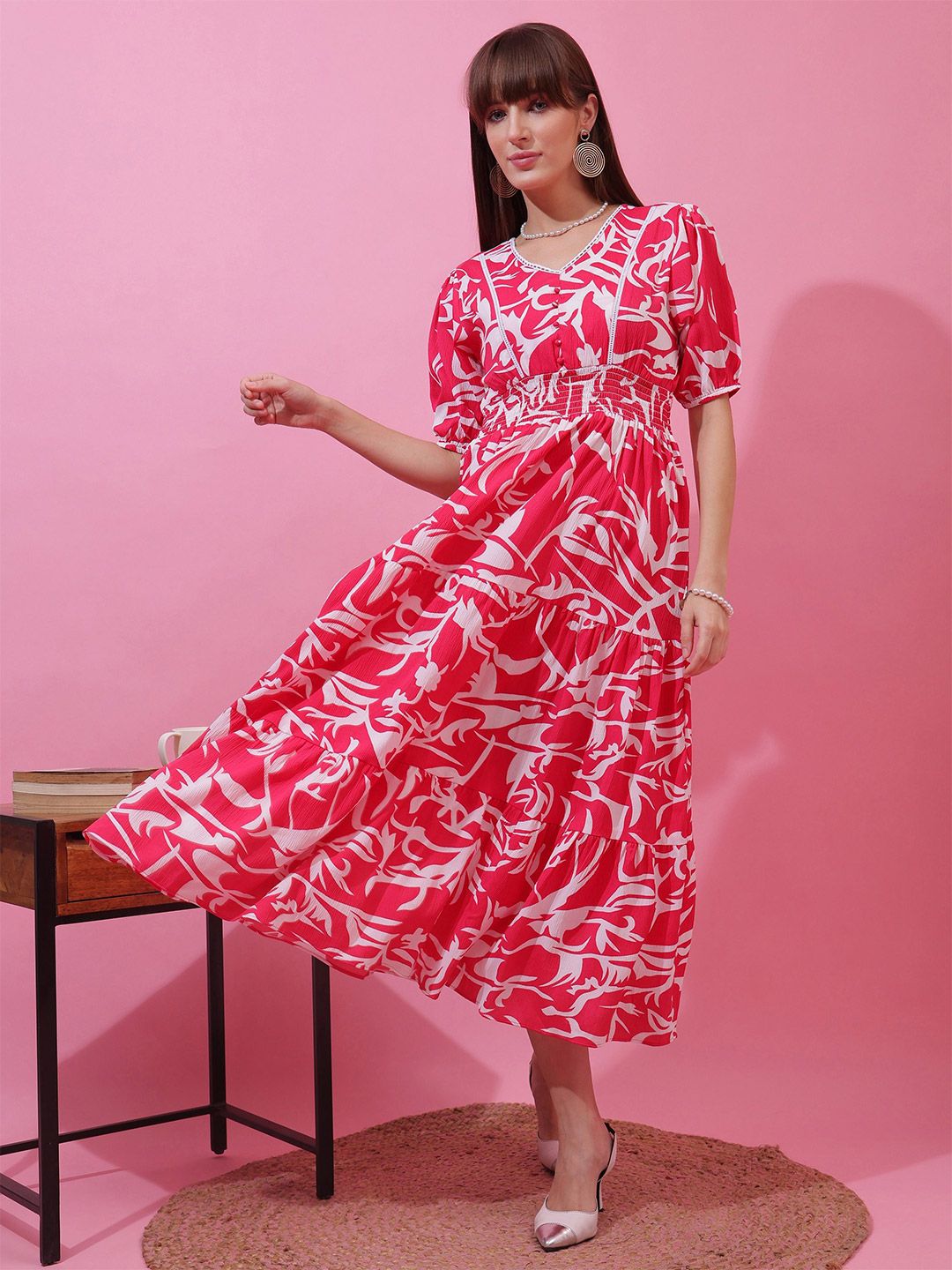Buy De La Moda Women Abstract Printed Puff Sleeve Smocked Fit